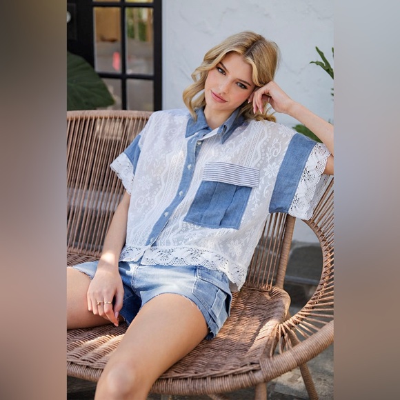eesome Tops - Lace and Denim Colorblock Button Down Blouse - eesome